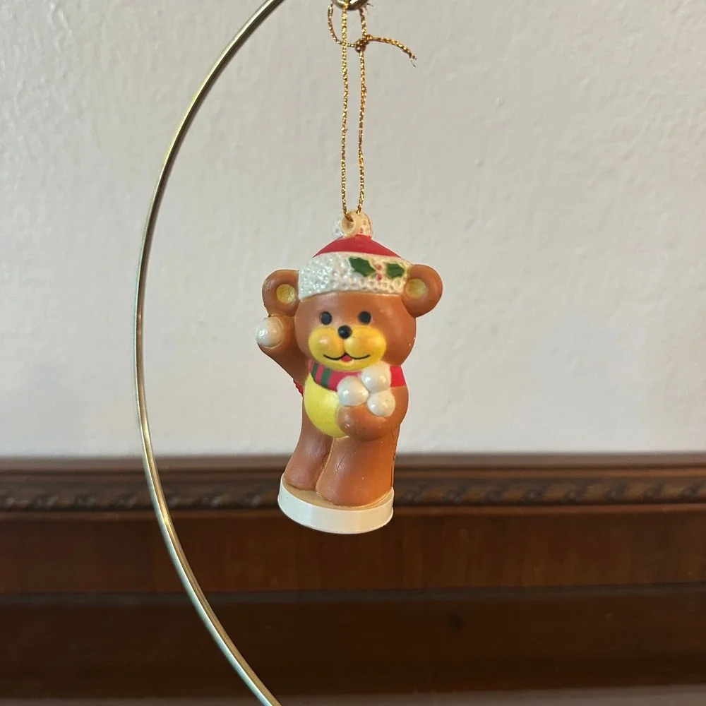 Vintage Christmas Teddy Bear Ornament Santa Hat Scarf Snowball‎ Plastic Holiday